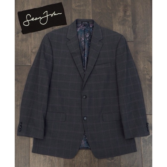 Sean John Other - Sean‎ John Mens Suit Jacket Size 42R Gray Windowpane Stretch Blazer Two Button